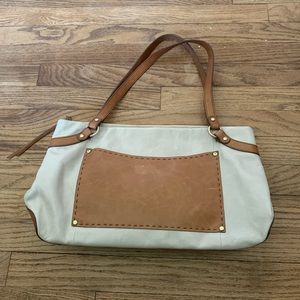 HOBO Cream and Tan Genuine Leather Tote Shoulder Bag with Dust Bag